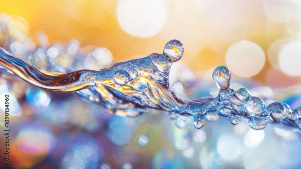 Poster An abstract representation of a spectrum of interconnected droplets merging into a single stream, Symbolizing the flow and unity of diverse backgrounds and experiences, photography style