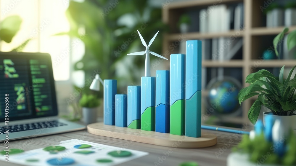 Aufkleber A modern workspace with a 3D bar chart representing renewable energy growth.