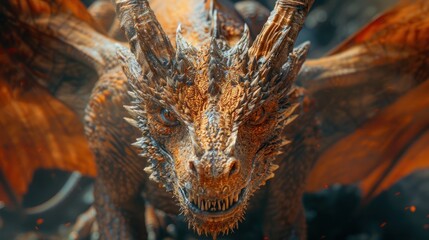 A fierce, detailed dragon with fiery colors and intense expression.