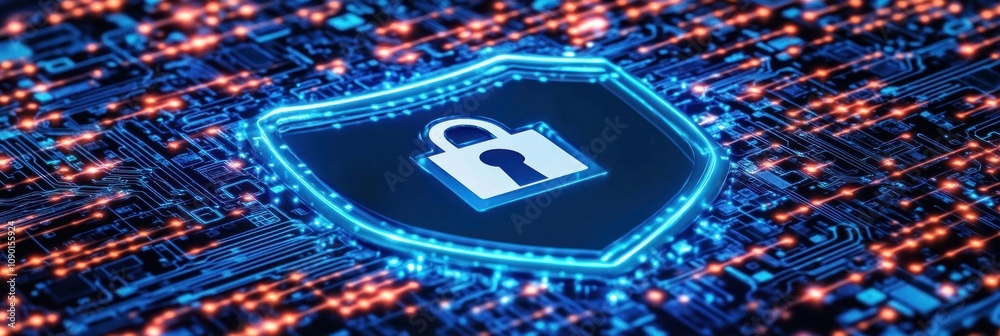 Poster A digital shield symbolizing cybersecurity over a circuit board background.