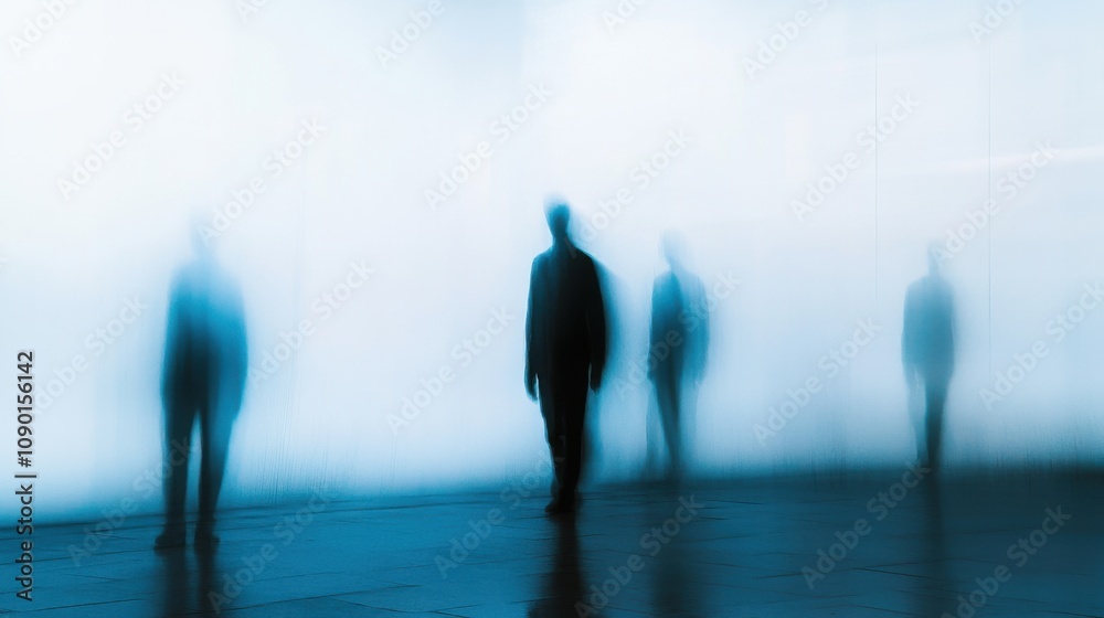 Poster An abstract representation of social isolation, with empty spaces and fragmented silhouettes, Illustrating the theme of loneliness and disconnectedness