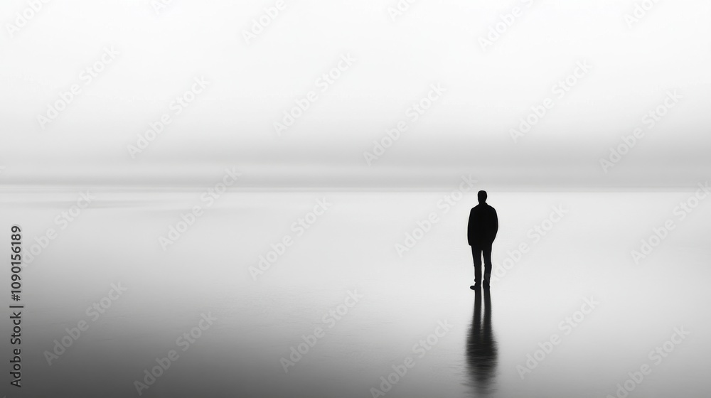 Poster an abstract representation of social isolation, with empty spaces and fragmented silhouettes, illust