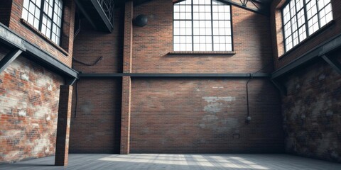 Obraz premium Empty loft industrial grunge interior with old brick walls, exposed pipes, and big windows creating a raw and urban feel, raw, architecture, loft