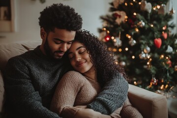Obraz premium A loving couple relaxes on a cozy couch, surrounded by Valentine's Day decorations, enjoying each other's company and the festive atmosphere.