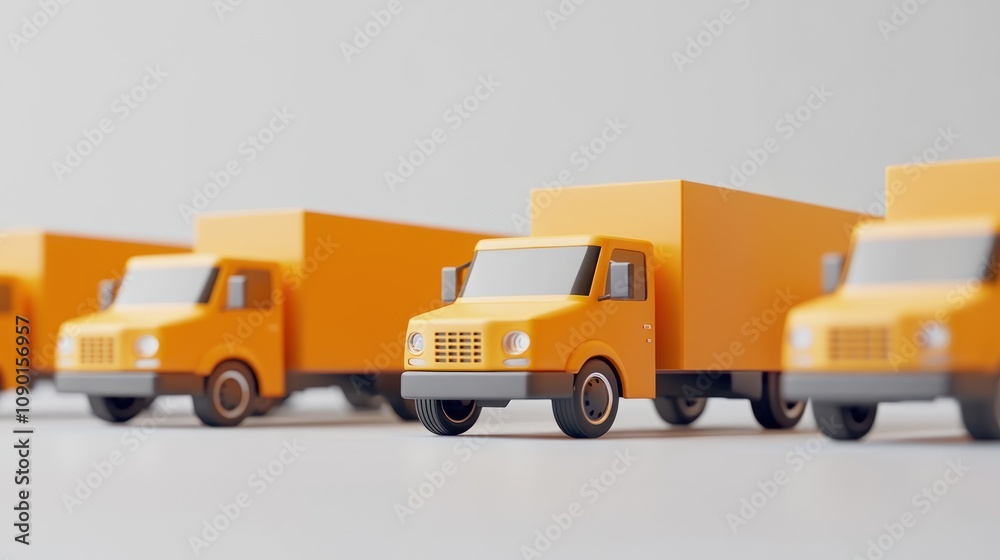 Poster a row of small yellow delivery trucks arranged on a clean surface.