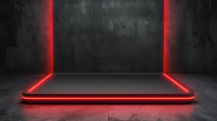 Step into a futuristic realm with a 3D black scientific stage adorned in red neon lights and sleek geometric podiums.