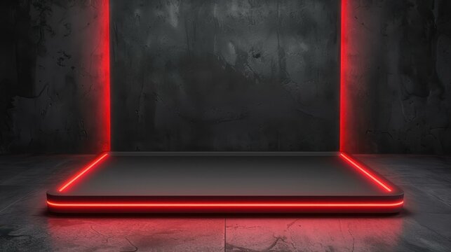 Step into a futuristic realm with a 3D black scientific stage adorned in red neon lights and sleek geometric podiums.