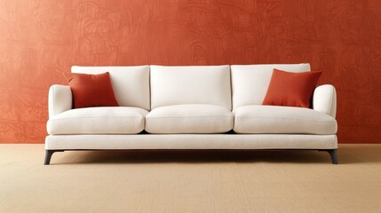 Naklejka premium A chic modern living room featuring a cozy sofa adorned with stylish white and terra cotta pillows for a warm vibe.