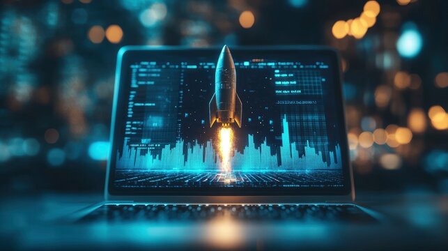 A laptop displays a rocket launching, symbolizing innovation and technology advancement.