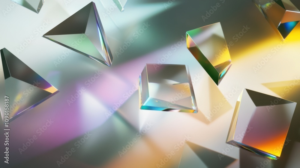 Poster An abstract visual of floating, variedly colored prisms casting reflections and creating a vibrant interplay of light, Representing the multifaceted and reflective nature of inclusive environments
