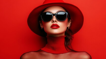 Arafed woman wearing a stylish red hat and sunglasses, set against a vibrant red background, embodies confidence and fashion, perfect for a modern Valentine's Day celebration.