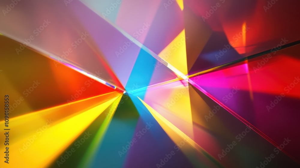 Poster An abstract visualization of a prism dispersing light into a spectrum of colors, Reflecting the diverse facets and dimensions of equitable opportunities, photography style