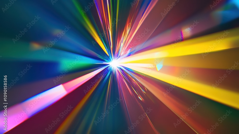 Poster An abstract visualization of a prism dispersing light into a spectrum of colors, Reflecting the diverse facets and dimensions of equitable opportunities, photography style
