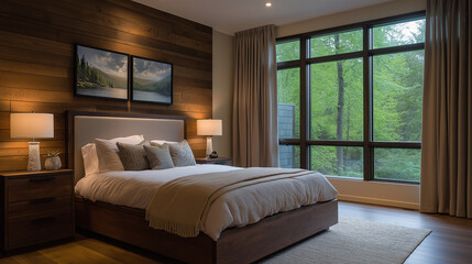 Fototapeta premium Contemporary bedroom with dark wood furniture and ambient lighting - Bedside lamps casting soft light, large windows showing the night sky, clean and organized space