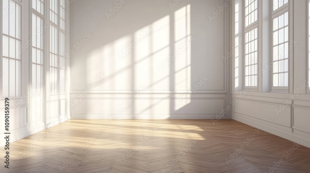 Poster a bright, empty room with large windows casting shadows on the wooden floor.