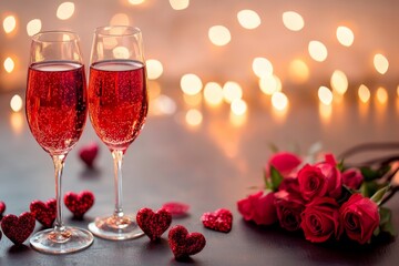 Two elegant glasses of wine adorned with heart motifs sit romantically on a table, perfect for a Valentine's Day celebration or intimate dinner.