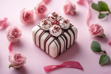 A delightful small cake featuring rich chocolate and creamy white frosting, perfect for celebrating Valentine's Day with loved ones.