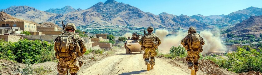 Fototapeta premium Soldiers Navigating a Dusty Road in a Mountainous Landscape During Military Operation, Highlighting Camouflage Gear and Armored Vehicles Amidst Dust Clouds and Rocky Terrain