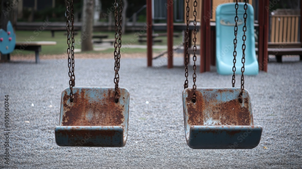 Poster an empty playground with rusted swings and faded colors representing the impact of poverty on childr