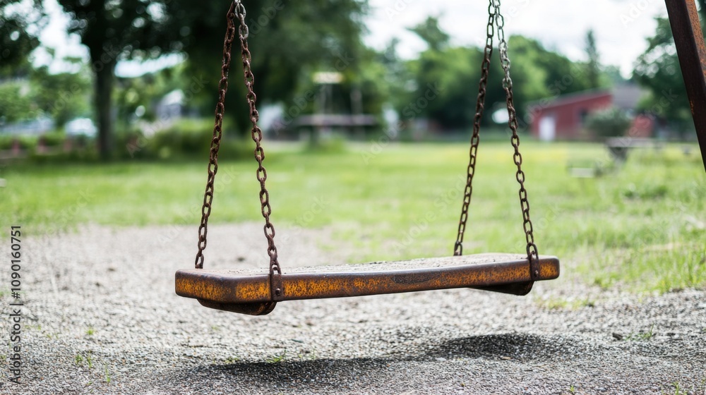Poster An empty playground with rusted swings and faded colors representing the impact of poverty on children鈥檚 play, emphasizing the neglect and lack of resources, minimalist composition