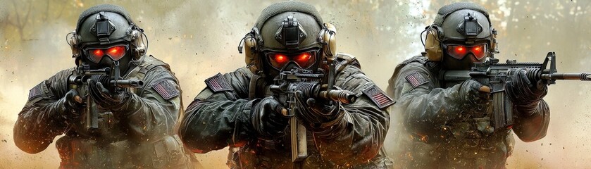 Intense Scene of Three Armed Soldiers in Tactical Gear with Illuminated Eyes, Ready for Action in a Dramatic Military Setting with Smoke and Dust