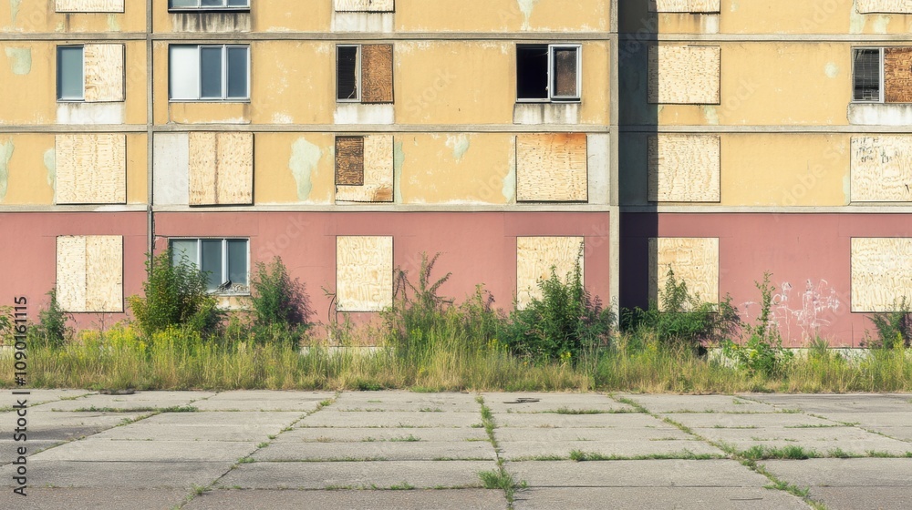 Aufkleber an empty public housing complex with boarded-up windows and overgrown weeds, symbolizing the impact 