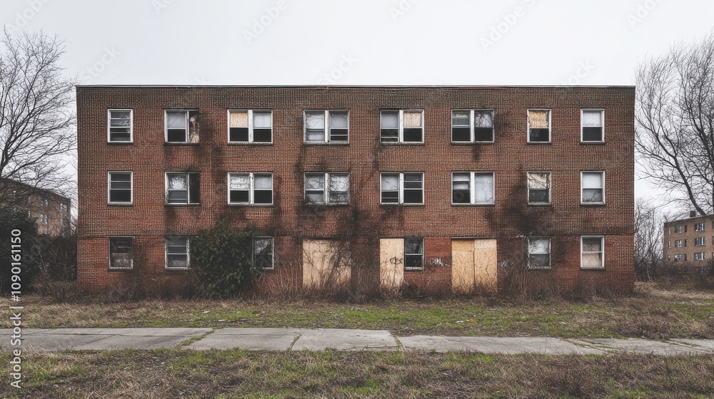Poster an empty public housing complex with boarded-up windows and overgrown weeds, symbolizing the impact 