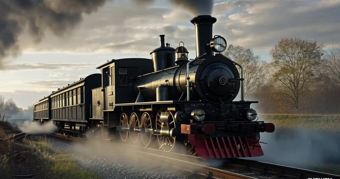 Classic steam engine puffing smoke on rural tracks, 4K Video