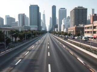 Obraz premium Straight empty asphalt road in a modern city flanked by towering skyscrapers, creating a sense of urban solitude and vastness, city life, urban solitude, vastness