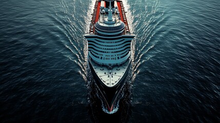 A large cruise ship sails through the ocean, viewed from directly above. The ship's bow is pointed towards the camera, and the wake behind the ship is visible.