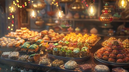 Obraz premium A Display of Diwali Sweets, 8K Realistic Lighting, Highly Detailed