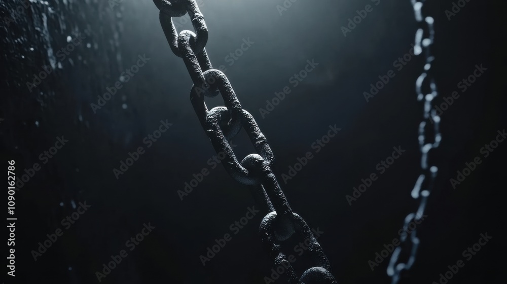 Aufkleber Broken chains falling into darkness, Symbolizing the abstract concept of breaking free from societal constraints and oppression, minimalist composition