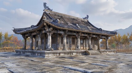Obraz premium 3d model of a japanese temple featuring unique asymmetrical columns and beams from various angles