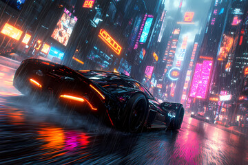 Sci-Fi Racing Car in Neon Tunnel, Gaming Wallpaper