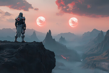 Futuristic Warrior Overlooking Alien Landscape - Gaming Wallpaper