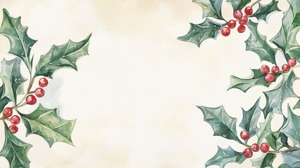 Fototapeta premium A festive watercolor illustration featuring holly leaves and red berries, creating a seasonal border on a light background.