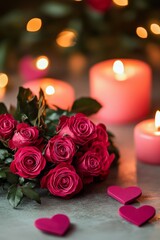 A romantic setup featuring elegant roses and flickering candles on a beautifully decorated table, with heart-shaped accents enhancing the Valentine's Day ambiance.