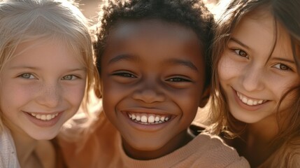 Fototapeta premium Closeup of three children, a Black boy with a cheerful grin and short hair, a white girl with a radiant smile and long hair