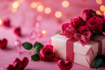 A beautifully wrapped white gift box adorned with vibrant red roses and heart motifs, perfect for expressing love on Valentine's Day.