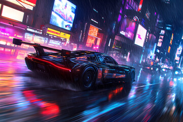 Sci-Fi Racing Car in Neon Tunnel, Gaming Wallpaper