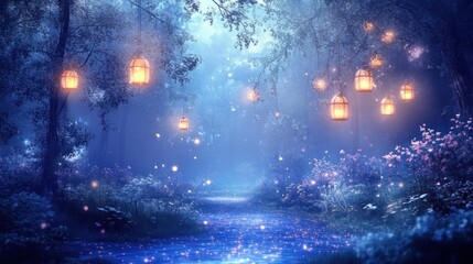 A magical forest with bioluminescent plants and floating lanterns