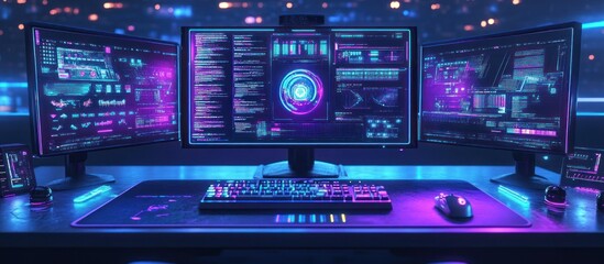 Fototapeta premium 3D rendering of a futuristic computer with holographic displays