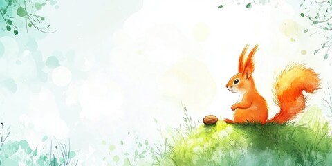 Naklejka premium A whimsical illustration of a cute orange squirrel sitting beside an egg in a serene landscape.