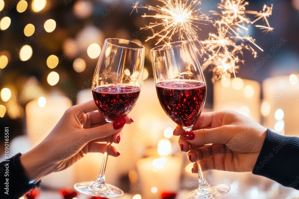 Wall mural A romantic scene featuring a person holding a glass of wine and a sparkling sparkler, perfect for celebrating love on Valentine's Day.