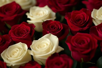 Fototapeta premium A vibrant bouquet of lush roses, elegantly arranged, showcasing a romantic palette perfect for Valentine's Day celebrations.