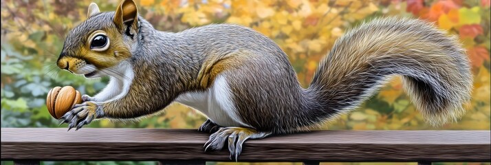 Obraz premium A detailed squirrel holding an acorn against a colorful autumn backdrop.