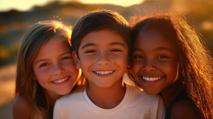 Fototapeta premium Closeup of three children, a Hispanic boy with a cheerful grin and short hair, a white girl with a joyful expression and medium-length hair