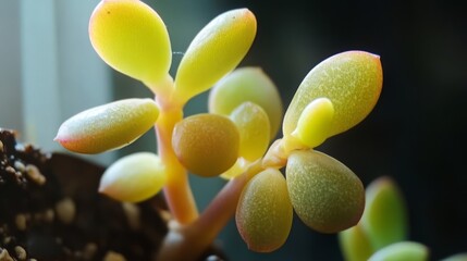Fototapeta premium Closeup of succulent plant with green and yellow leaves.
