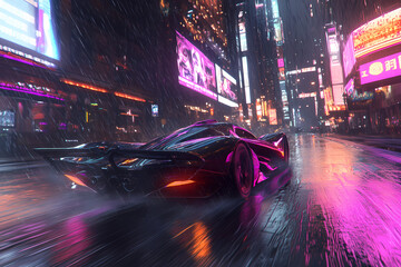Sci-Fi Racing Car in Neon Tunnel, Gaming Wallpaper