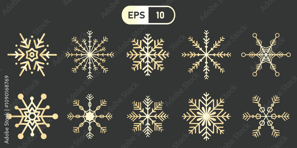 Aufkleber Various intricate snowflake designs in vector format on dark background, showcasing unique patterns and symmetry. image is labeled as EPS 10, indicating its scalable vector format